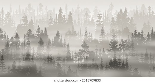 Floresta de coníferas na neblina matinal, paisagem minimalista em tons sépia, monocromática, paisagem vetorial