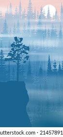 Coniferous forest in the morning fog, the sun is rising, vertical banner