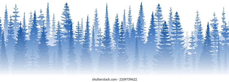 Coniferous forest in the morning haze, vector banner