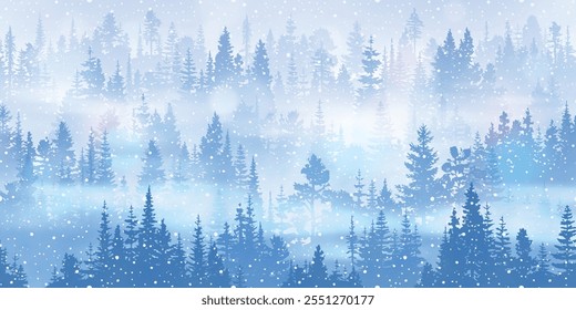 Bosque de coníferas en la luz de la mañana, amanecer y niebla, paisaje de Vector