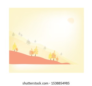 Coniferous forest in the mountain, autumn Landscape background in watercolor style, vector illustrtion.