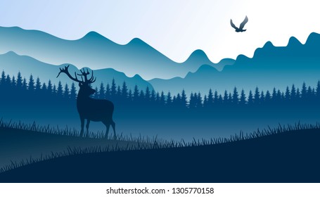 Coniferous forest, mountains, silhouette of a deer, night, night sky