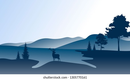 Coniferous forest, mountains, silhouette of a deer, night, night sky
