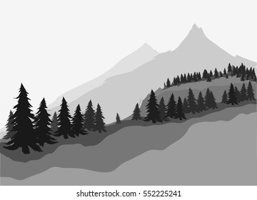 Coniferous forest and mountains. Snowy landscape silhouette illustration. Vector