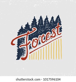 coniferous forest, mountains and wooden logo. camping and wild nature. landscapes with pine trees and hills. emblem or badge, tent tourist, travel for labels. engraved hand drawn in old vintage sketch