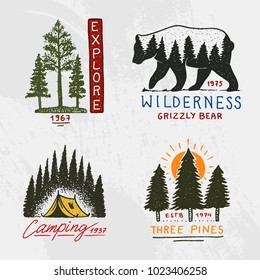 coniferous forest, mountains and wooden logo. camping and wild nature. landscapes with pine trees and hills. emblem or badge, tent tourist, travel for labels. engraved hand drawn in old vintage sketch