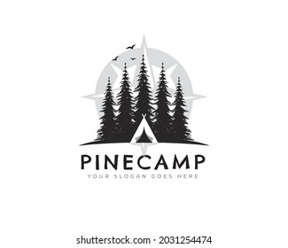 coniferous forest, mountains and wooden logo. camping and wild nature. landscapes with pine trees and hills.