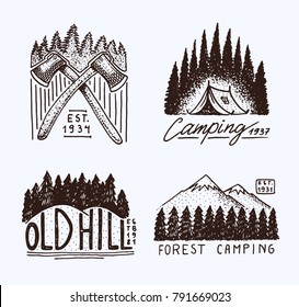 coniferous forest, mountains and wooden logo. camping and wild nature. landscapes with pine trees and hills. emblem or badge, tent tourist, travel for labels. engraved hand drawn in old vintage sketch