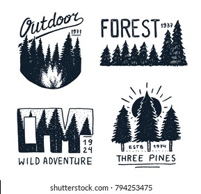 coniferous forest, mountains and wooden logo. camping and wild nature. landscapes with pine trees and hills. emblem or badge, tent tourist, travel for labels. engraved hand drawn in old vintage sketch