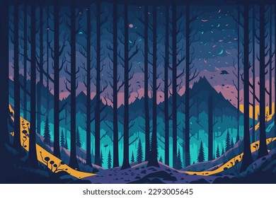 Coniferous forest. Northern forest. Northern lights. Landscape of the forest. Vector panorama of the forest.