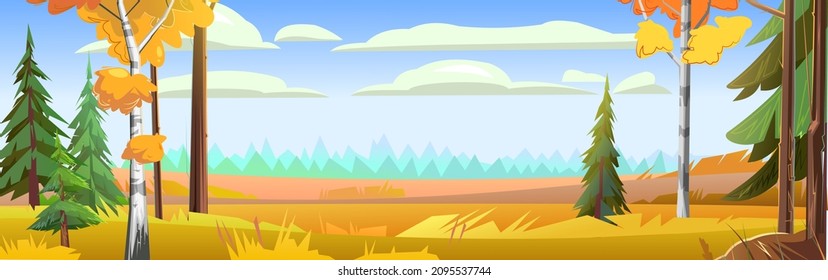 Coniferous forest on the horizon. Autumn landscape. Beautiful bright rural scene with orange and yellow grass and plants. Horizontal Illustration in cartoon style flat design. Vector.