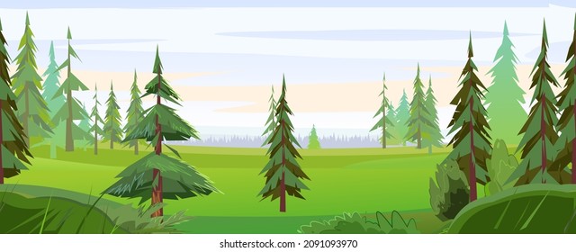 Coniferous Forest Panorama. Pine and rees on Glade. Seamless horizontal illustration in cartoon style flat design. Vector.