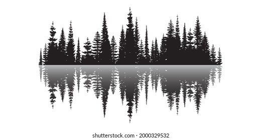 Coniferous forest reflected in water, black and white landscape