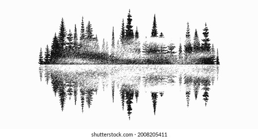 Coniferous forest reflected in water, black and white landscape