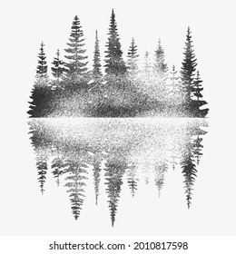 Coniferous forest reflected in water, black and white landscape