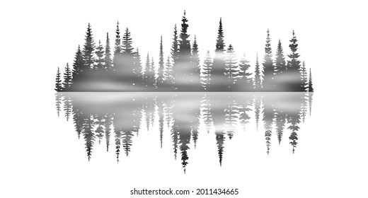 Coniferous forest reflected in water, black and white landscape