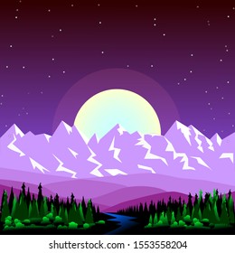 Coniferous forest, river, hills, snow-capped mountains in the moonlight against a dark night sky with stars and a large moon. Vector illustration.