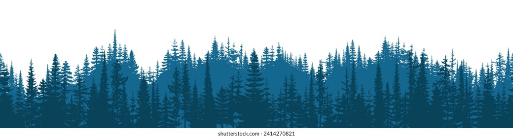 Coniferous forest, seamless border, isolated on white background