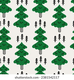 Coniferous forest seamless pattern. Modern hand drawn endless background with fir, spruce, pine in doodle style. Repeat vector illustration with Christmas tree
