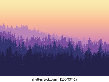 Coniferous forest with several layers under a purple yellow sky at dawn or sunset - vector with space for your text