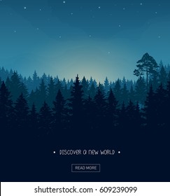 Coniferous forest silhouette background image with nightime stars and rays of the sunset