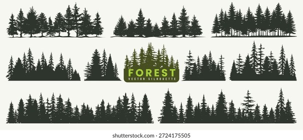 Coleção de silhuetas de floresta de coníferas. Conjunto de pinheiro, abeto, abeto ou jardim de árvore de natal. Natureza selvagem da montanha e fundo de folha botânica retro. Ícone de floresta de inverno e paisagem de planta perene