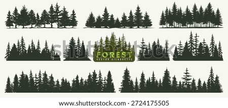Coniferous forest silhouette collection. Set of pine, fir, spruce or christmas tree garden. Mountain wild nature and retro botanical leaf background. Winter woodland landscape and evergreen plant icon