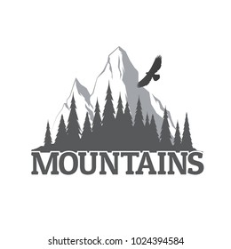 Coniferous forest silhouette with mountain peak. Mountain logo design. Black and white vector illustration