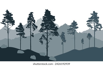 Coniferous forest, silhouette of pine trees and spruces, beautiful landscape. Vector illustration