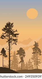 Coniferous forest, silhouette of pine trees and spruces, beautiful landscape. Vector illustration