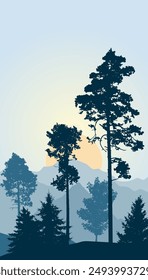 Nadelwald, Silhouette von Kiefern und Fichten, schöne Landschaft. Vektorillustration