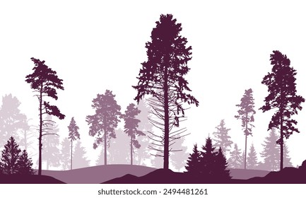 Nadelwald, Silhouette von Kiefern und Fichten, schöne Landschaft. Vektorillustration