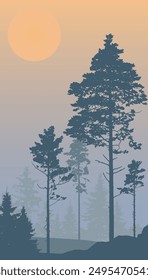 Bosque de coníferas, silueta de pinos y abetos, hermoso paisaje. Ilustración vectorial