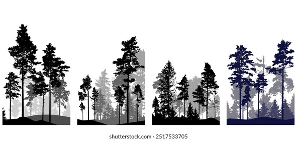 Coniferous forest, silhouette of pine trees and spruces, vertical beautiful landscape. Set. Vector illustration