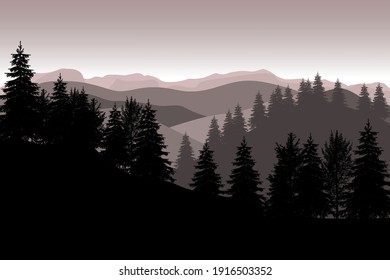 Coniferous forest silhouette template landscape with mountains and woods background