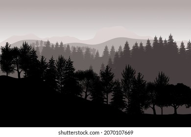 Silueta de bosque de coníferas paisaje con fondo de montaña y bosque