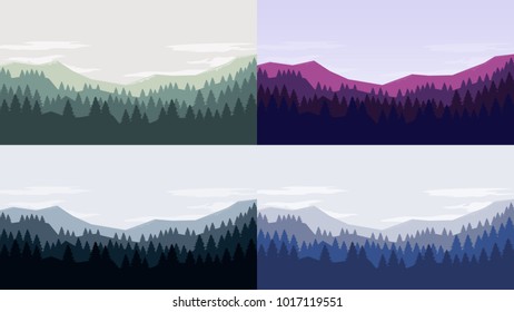 Coniferous forest silhouette template landscapes set with mountains,  sky and woods . Panorama background 