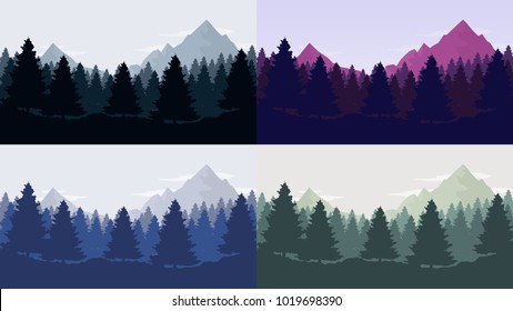 Coniferous forest silhouette template landscapes set with mountains,  sky and woods . Panorama background 