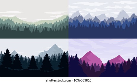 Coniferous forest silhouette template landscapes set with mountains,  sky and woods . Panorama background 