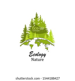 Coniferous forest silhouette template. Logo design template of forest and globe. Doodle Globe. The concept of ecology, to save the planet. Eco friendly. Environmentally friendly world. Drawn. Vector.