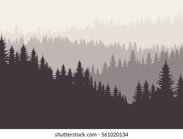 Coniferous forest silhouette template. Vector illustration of trees in pastel brown tone