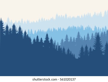 Coniferous forest silhouette template. Vector illustration of trees in blue tone