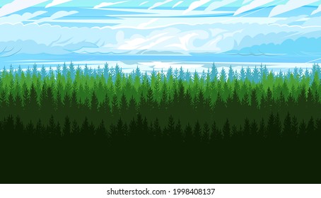 Coniferous forest silhouette. Wild trees. Pine, cedar, spruce, fir, larch. Dark sky. Siberian taiga. Beauty of harsh northern nature. Landscape is horizontal. Illustration vector