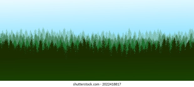Coniferous forest silhouette. Wild trees. Pine, cedar, spruce, fir, larch. Siberian taiga. Beauty of harsh northern nature. Landscape is horizontal. Illustration vector