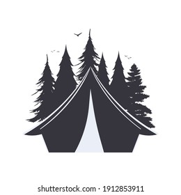 Coniferous forest and tent logo. Camping and wildlife. Landscapes with pine trees. Emblem or badge, tourist tent, travel. Vector.