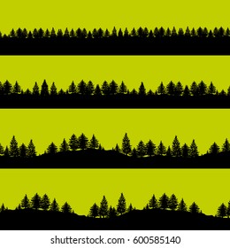 Coniferous forest trees silhouettes background vector illustration. Horizontal abstract banners of wood covered hills in black over green.