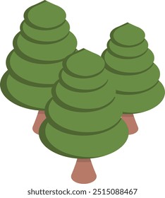Florestas de coníferas conceito isométrico, projeto de ícone de vetor florestal, símbolo de gramado e jardinagem, símbolo de fazenda e planta, agricultura e horticultura ilustração de estoque de equipamentos