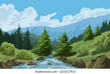 Coniferous mountain forest scenery with creek and rocks