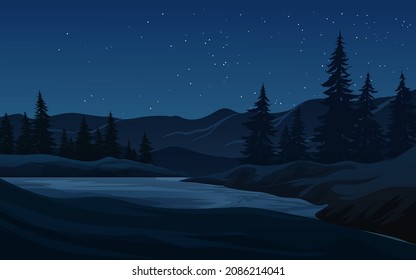 Coniferous night forest landscape vector illustration