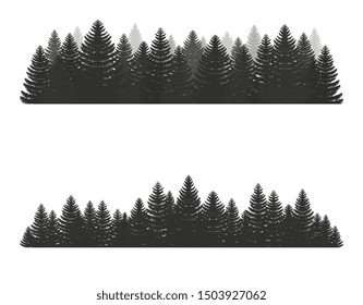 Coniferous pine forest. Silhouettes evergreen coniferous trees,  christmas tree, spruce. Camping